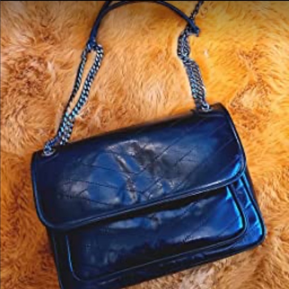 NWT Black Leather Chain Strap Satchel Handbag Shoulder/ Crossbody Bag - Picture 1 of 9